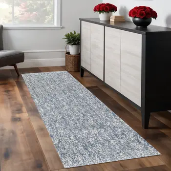 8' Slate Blue And Ivory Shag Hand Woven Runner Rug