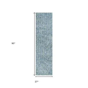 8' Blue And White Shag Hand Woven Runner Rug