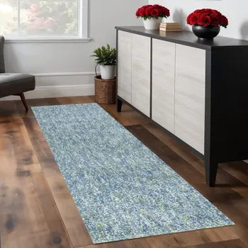 8' Blue And White Shag Hand Woven Runner Rug