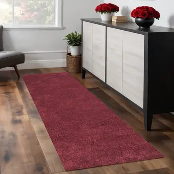 8' Red Shag Hand Woven Runner Rug