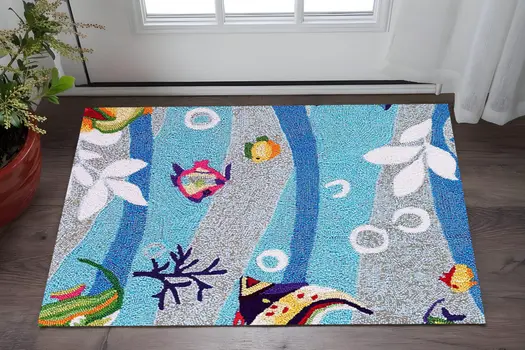 3' X 5' Blue White And Red Fish Hand Hooked Area Rug