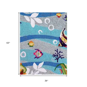 3' X 5' Blue White And Red Fish Hand Hooked Area Rug