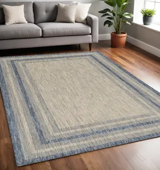 5' X 8'  Grey Or  Denim Bordered Uv Treated Area Rug