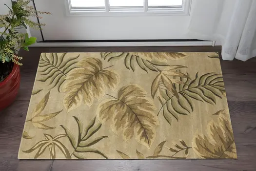 2' X 4' Sand Leaves Wool Area Rug