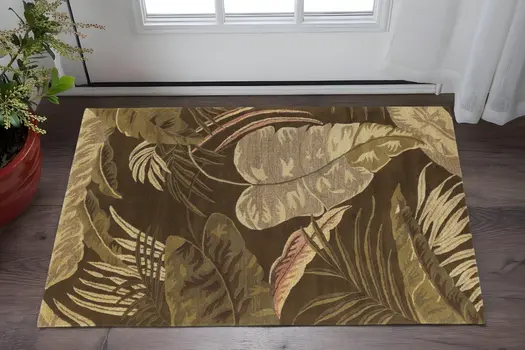 3' X 4' Brown And Green Wool Botanical Leaves Hand Tufted Area Rug