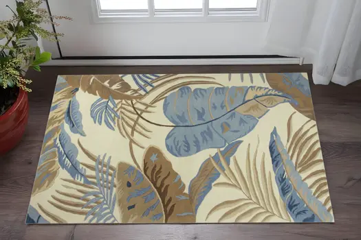 2' X 4' Ivory and Blue Wool Tropical Botanical Hand Tufted Area Rug