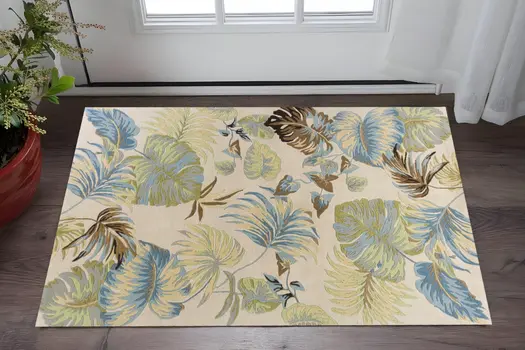 3' X 4' Ivory And Blue Wool Botanical Leaves Hand Tufted Area Rug