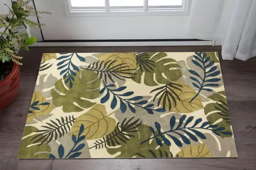 3' X 4' Ivory Green And Blue Wool Botanical Leaves Hand Tufted Area Rug