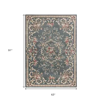 5' X 8' Slate Blue And Red Floral Area Rug