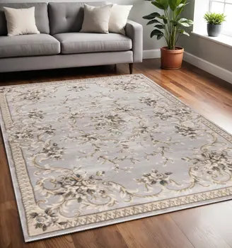 5' X 8' Light Grey Floral Vines Bordered Area Rug