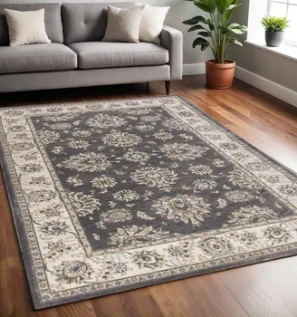5' X 8' Gray And Ivory Floral Vines Area Rug