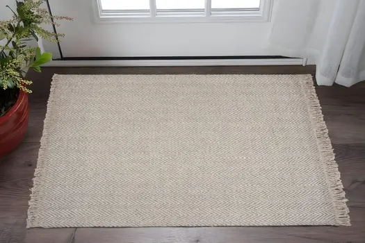 3' X 5' Oatmeal Beige Wool Chevron Hand Woven Area Rug