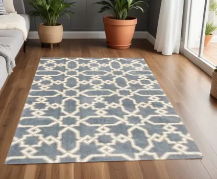 3' X 5' Slate Blue And Ivory Geometric Area Rug