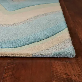 8' Ocean Blue Beige Hand Tufted Abstract Waves Indoor Runner Rug