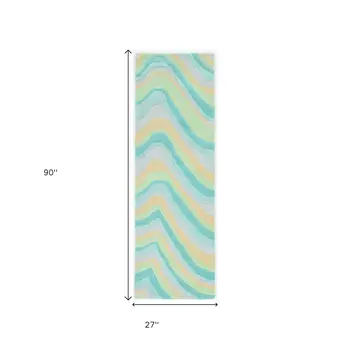 8' Blue Beige And Green Wool Abstract Hand Tufted Runner Rug
