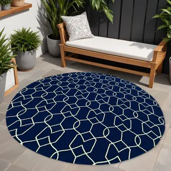 7' Navy Blue And White Round Moroccan Handmade Indoor Outdoor Area Rug