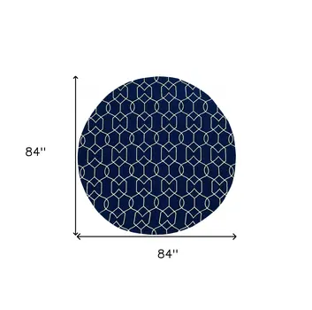 7' Navy Blue And White Round Moroccan Handmade Indoor Outdoor Area Rug