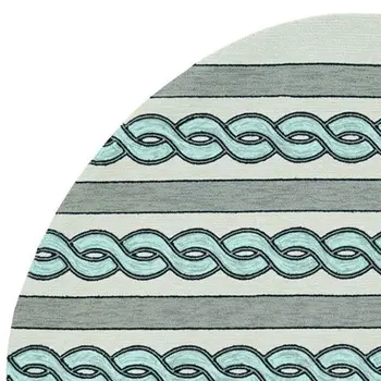 7' Ivory And Blue Round Abstract Handmade Indoor Outdoor Area Rug