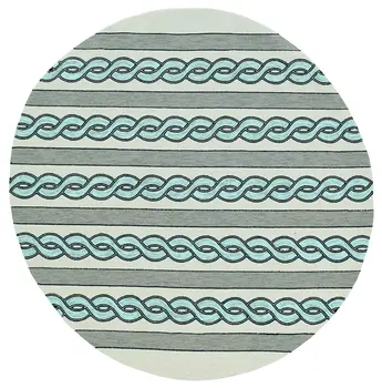 7' Ivory And Blue Round Abstract Handmade Indoor Outdoor Area Rug