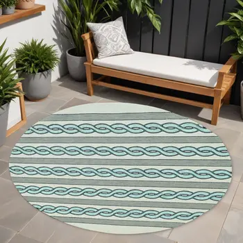 7' Ivory And Blue Round Abstract Handmade Indoor Outdoor Area Rug
