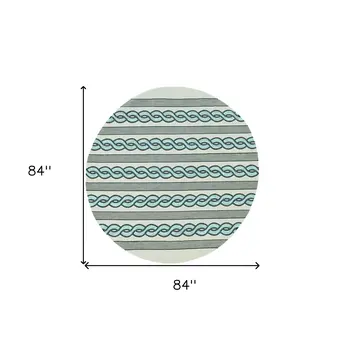 7' Ivory And Blue Round Abstract Handmade Indoor Outdoor Area Rug