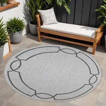 7' Ivory And Brown Round Geometric Handmade Indoor Outdoor Area Rug