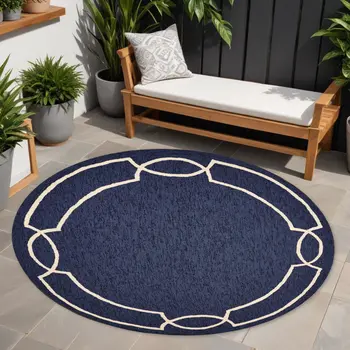 7' Blue And Ivory Round Geometric Handmade Indoor Outdoor Area Rug