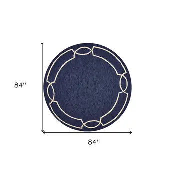 7' Blue And Ivory Round Geometric Handmade Indoor Outdoor Area Rug