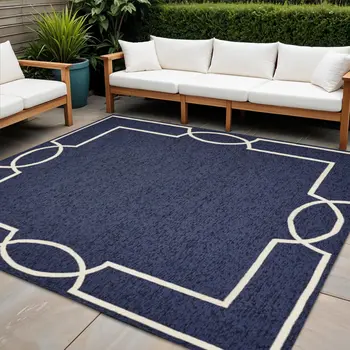 7' Blue And Ivory Square Geometric Handmade Indoor Outdoor Area Rug