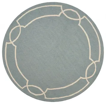 7' Sky Blue And Ivory Round Geometric Handmade Indoor Outdoor Area Rug