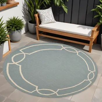 7' Sky Blue And Ivory Round Geometric Handmade Indoor Outdoor Area Rug