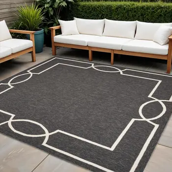 7' Onyx And White Square Geometric Handmade Indoor Outdoor Area Rug