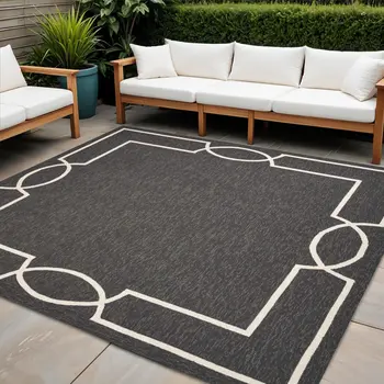 7' Onyx And White Square Geometric Handmade Indoor Outdoor Area Rug