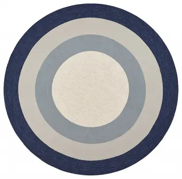 7' Navy Blue Gray And Ivory Round Geometric Handmade Indoor Outdoor Area Rug