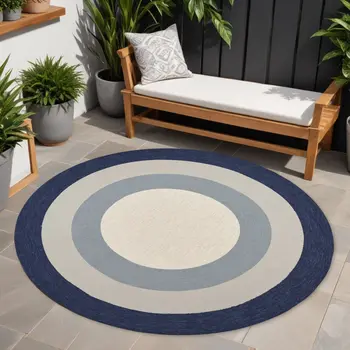 7' Navy Blue Gray And Ivory Round Geometric Handmade Indoor Outdoor Area Rug