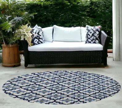 8' Ivory And Blue Moroccan Indoor Outdoor Area Rug