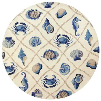 8' Beige Blue And Sand Round Seashell Handmade Indoor Outdoor Area Rug