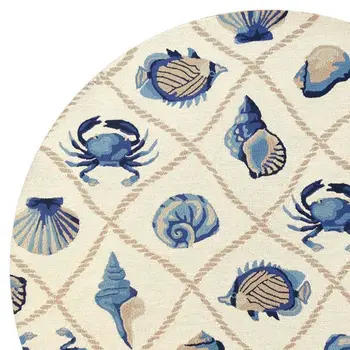 8' Beige Blue And Sand Round Seashell Handmade Indoor Outdoor Area Rug