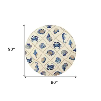 8' Beige Blue And Sand Round Seashell Handmade Indoor Outdoor Area Rug