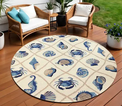 8' Beige Blue And Sand Round Seashell Handmade Indoor Outdoor Area Rug