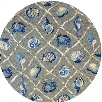 8' Round Gray Round Abstract Handmade Indoor Outdoor Area Rug