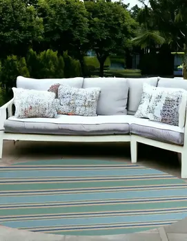 8' Blue Round Striped Indoor Outdoor Area Rug