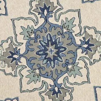 8' Round Gray and Ivory Round Damask Handmade Indoor Outdoor Area Rug