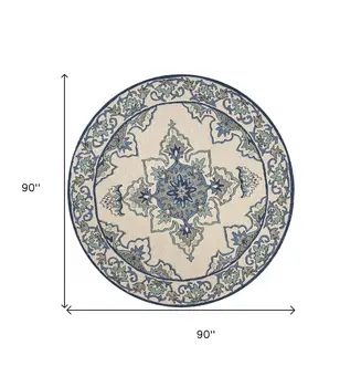 8' Round Gray and Ivory Round Damask Handmade Indoor Outdoor Area Rug