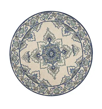 8' Round Gray and Ivory Round Damask Handmade Indoor Outdoor Area Rug
