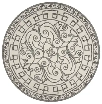 8' Gray And Ivory Round Damask Indoor Outdoor Area Rug