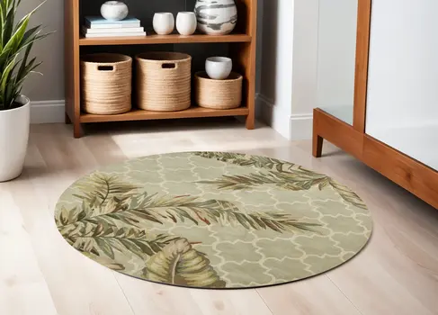 6' Sage Round Wool Tropical Botanical Hand Tufted Area Rug