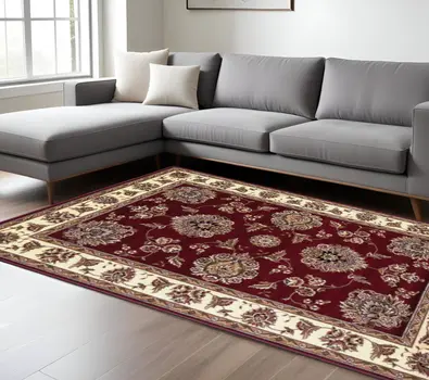 8' X 11' Red And Ivory Floral Area Rug