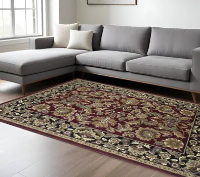 8' X 11' Red And Black Floral Area Rug