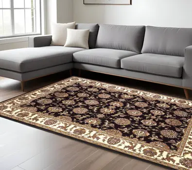 8' X 11' Black Ivory And Taupe Floral Area Rug